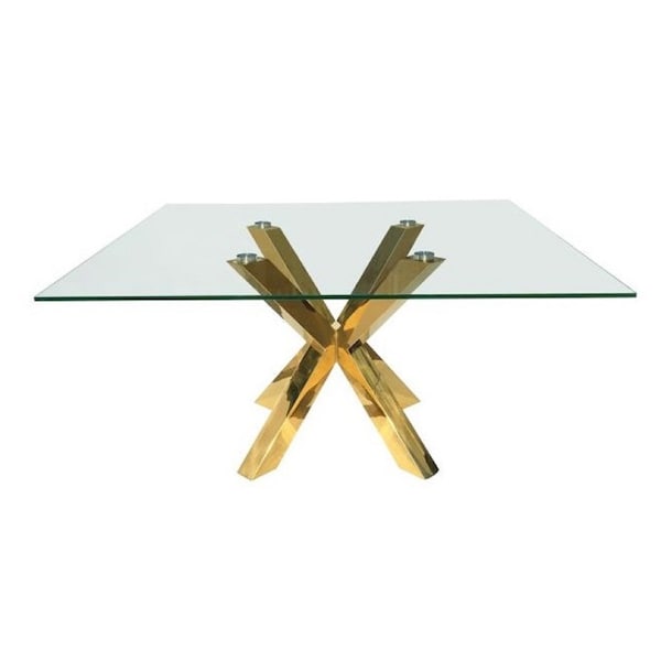 Homeroots 60" Clear and Gold Glass and Metal Cross Leg Base Square Dining Table 555134 - main
