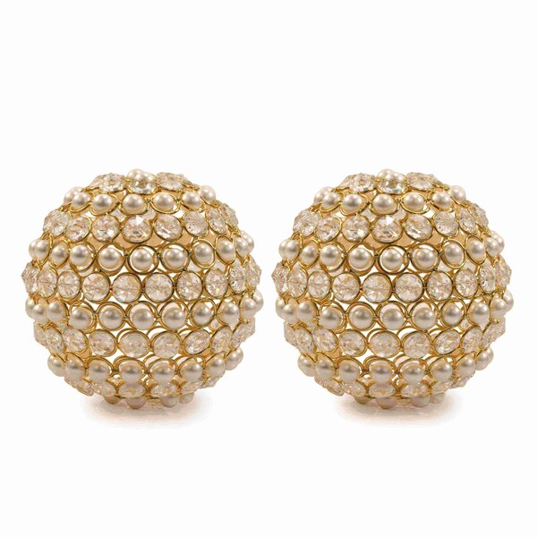 Homeroots Set of Two 5" Gold Clear And Ivory Metal Faux Crystal And Pearl Decorative Orbs, 2PK 659494 - main