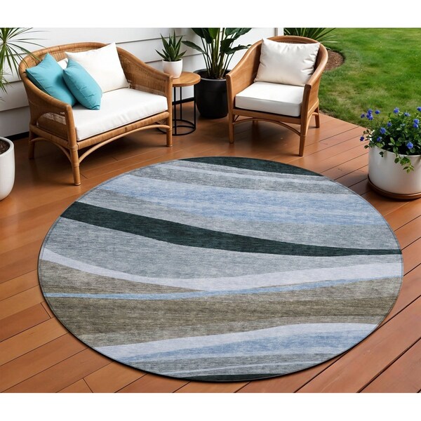 Homeroots 8' Brown Blue And Gray Round Abstract Washable Indoor Outdoor Area Rug 603673 - main