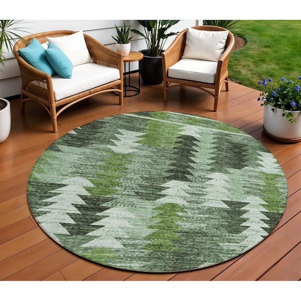 Homeroots 8' Olive Green And Fern Green Round Southwestern Washable Indoor Outdoor Area Rug 587346 - main