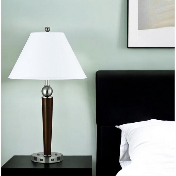 Homeroots 29" Nickel Metal Two Light Geometric USB Table Lamp With White Empire Shade 524759 - main