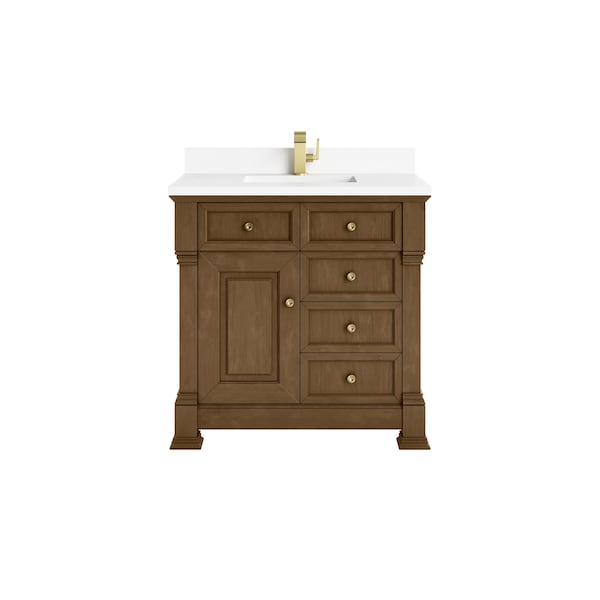 James Martin Vanities Brookfield 36 in Single Vanity, Honey Oak w/ Single Hole 3 CM White Zeus Silestone Top & Backsplash 547-V36-HNO-1WZ - main