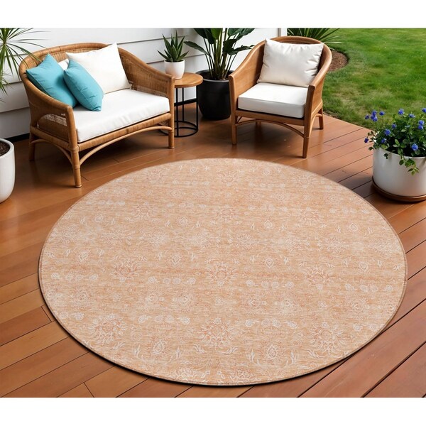 Homeroots 8' Peach And Ivory Round Floral Washable Indoor Outdoor Area Rug 582364 - main