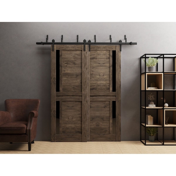 Sartodoors Sliding Closet Barn Bypass Doors 36 x 80in, Cognac Oak W/ Black Glass, Sturdy 6.6ft Rails VEREGIO7588BBB-AKA-36 - main