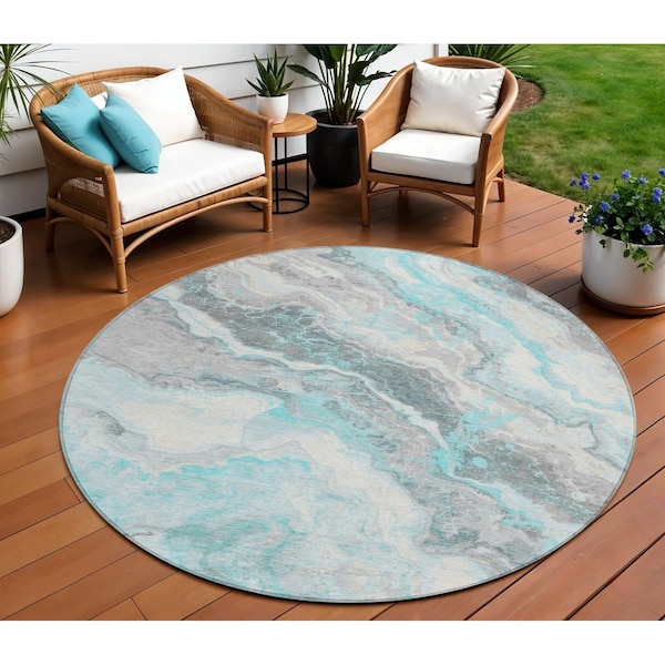 Homeroots 8' Teal Blue And Silver Round Abstract Washable Indoor Outdoor Area Rug 618438 - main