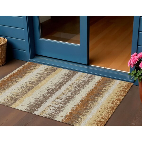 Homeroots 3' X 5' Brown Beige And Ivory Striped Washable Indoor Outdoor Area Rug 598364 - main