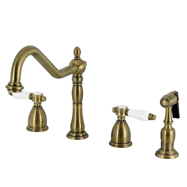 Kingston Brass Double-Handle Widespread Kitchen Faucet with Brass Sprayer, Antique Brass KB1793BPLBS - main