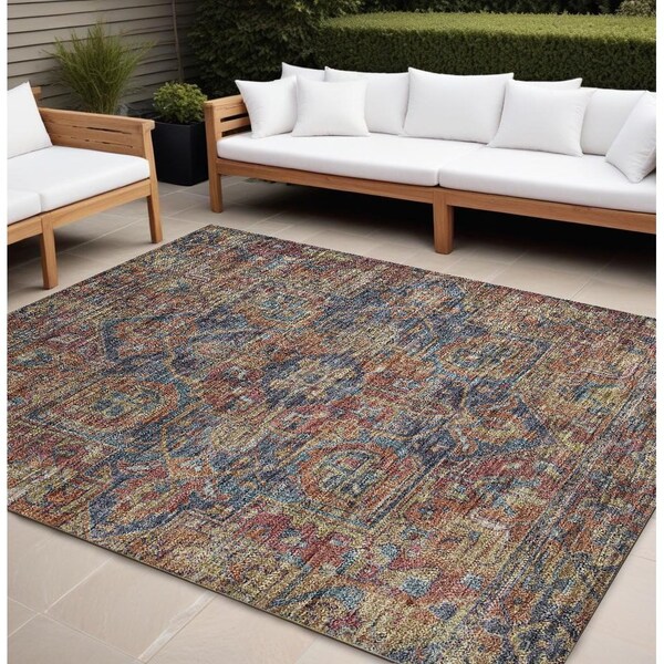 Homeroots 9' X 12' Red Orange and Blue Oriental Washable Non Skid Indoor Outdoor Area Rug 563842 - main