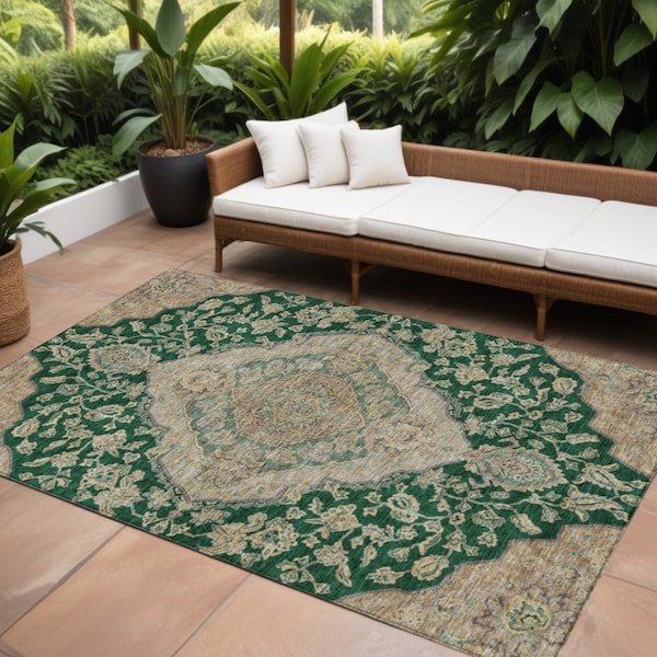 Homeroots 9' X 12' Emerald Beige And Brown Oriental Washable Indoor Outdoor Area Rug 605245 - main