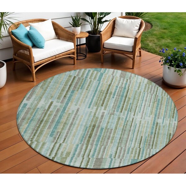 Homeroots 8' Artichoke Green And Teal Blue Round Striped Washable Indoor Outdoor Area Rug 631523 - main