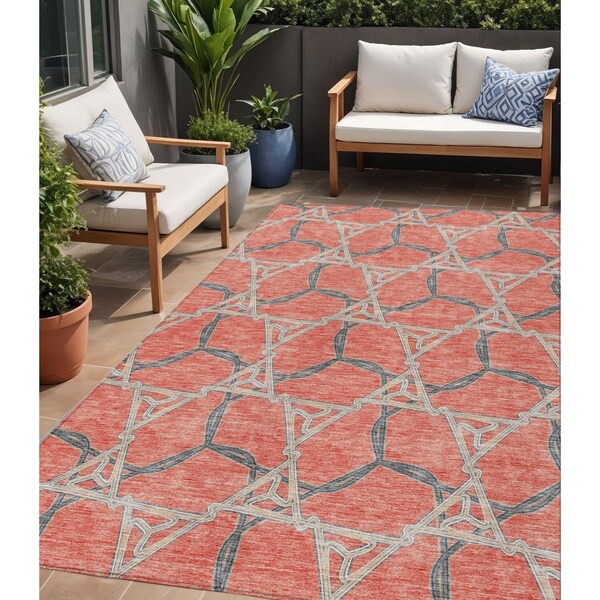 Homeroots 5' X 8' Coral And Taupe Geometric Washable Indoor Outdoor Area Rug 613489 - main