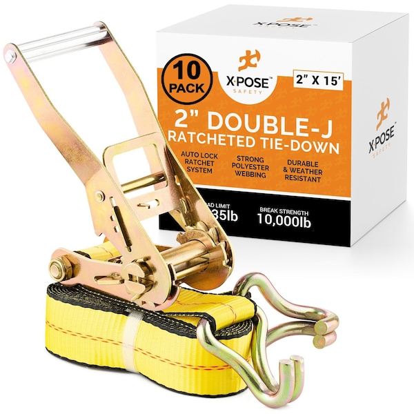 Xpose Safety Heavy Duty Ratchet Straps with Double J Hooks Yellow 2in x 15ft for Secure Tie Downs, 10PK RTD215-DJH-10-X-S - main