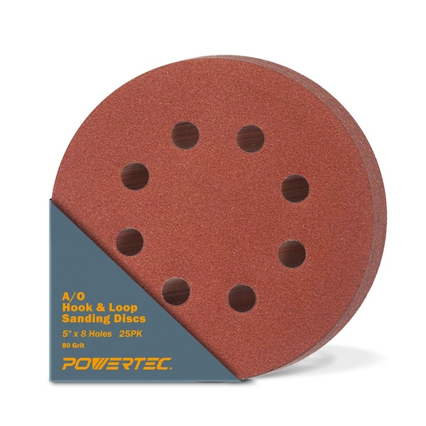 Powertec 5 in. 8 Hole Hook and Loop Sanding Discs, 80 Grit, 25PK 45008N - main