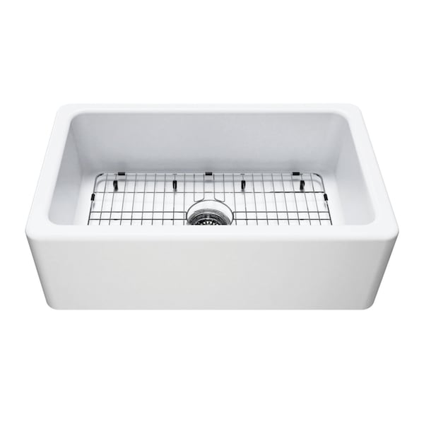 Kingston Brass 30" Fireclay Single Bowl Farmhouse Kitchen Sink with Bottom Grid and Strainer, Matte White KGPF311910EBC - main