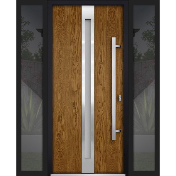 Vdomdoors Steel Door Deux 1744 Natural Oak 2 Sidelight Exterior Black Windows Stainless Inserts Single Modern DEUX1744EXD-OAKB-W16+36+16 x H80-Left-hand Inswing - main