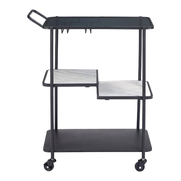 Homeroots 25in Black Steel and Faux Marble Glass Rolling Bar Cart 668797 - main