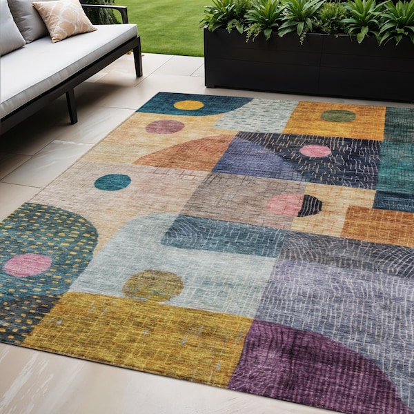 Homeroots 5' X 8' Green Purple And Blue Geometric Washable Indoor Outdoor Area Rug 604409 - main