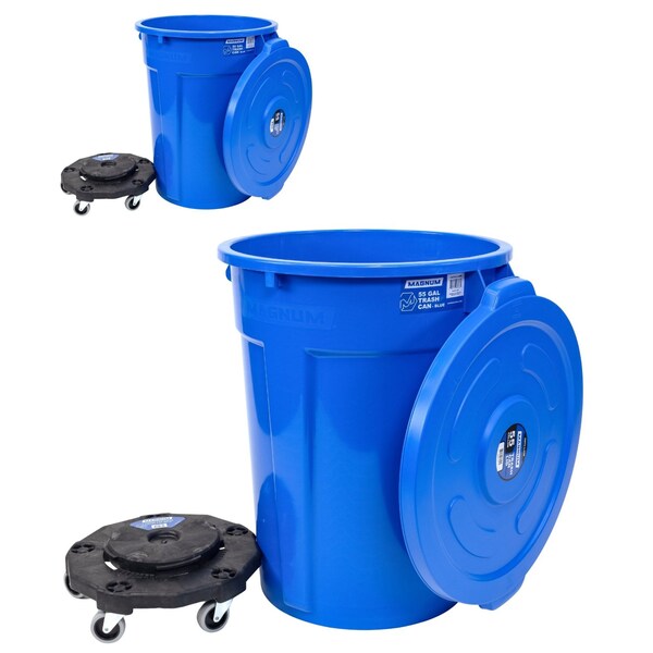 Magnum Tool Blue 55 Gallon Trash Can Set, Trash Can, Quiet Dolly, and Reinforced Lid, 2 Set CMTC-CLD0-55B02 - main