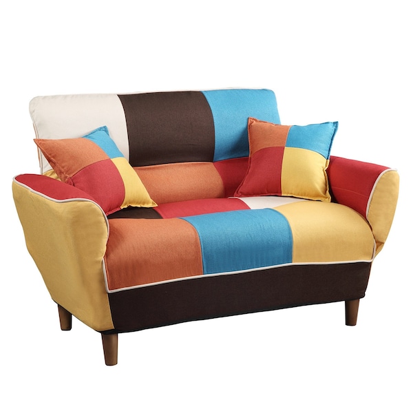 Homeroots 46in Yellow and White And Brown Linen Geometric Futon Convertible Sleeper Loveseat and Toss Pillows 484411 - main