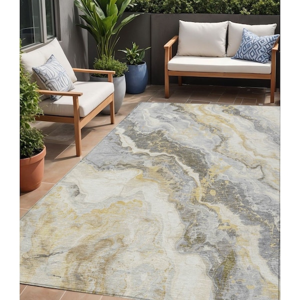 Homeroots 5' X 8' Gold And Silver Abstract Washable Indoor Outdoor Area Rug 618425 - main