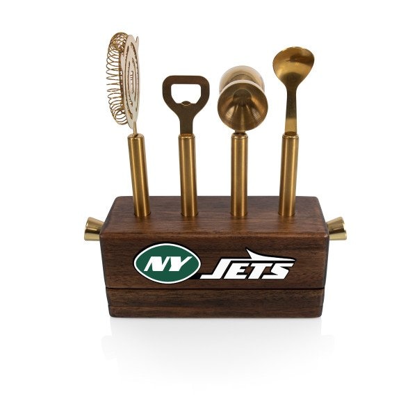 Picnic Time Family Of Brands NFL New York Jets Sidecar 5-Piece Bar Tool Set, (Acacia Wood) 672-05-508-227-2 - main