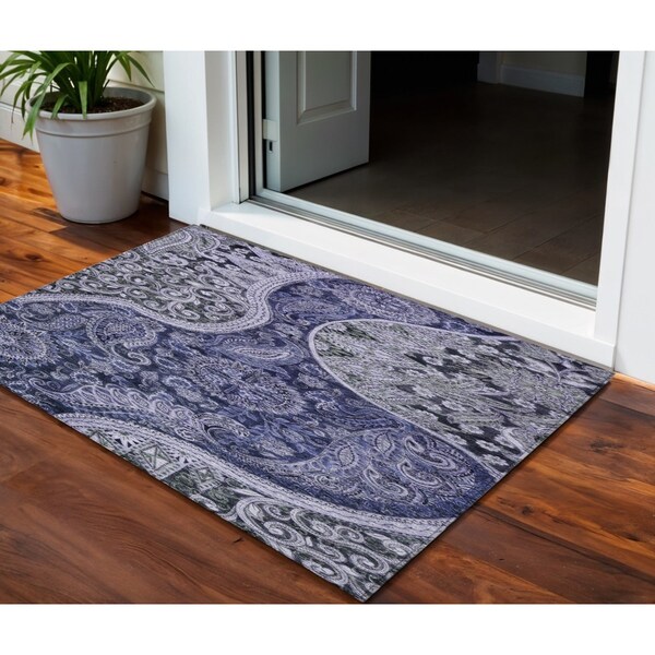Homeroots 3' X 5' Navy Blue Gray And Green Floral Medallion Washable Indoor Outdoor Area Rug 603179 - main