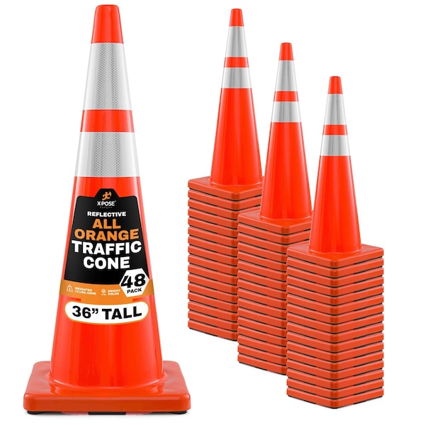 Xpose Safety 36 Inch Orange Traffic Cones Heavy Duty 12lb with 6in and 4in Collars, DOT Approved, 48PK AOTC36-64-12L-48-X - main