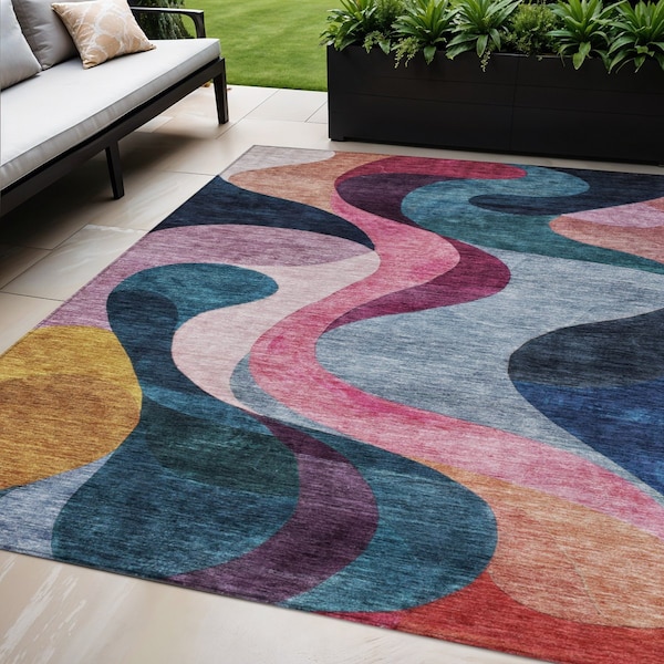 Homeroots 5' X 8' Green Pink And Teal Blue Abstract Washable Indoor Outdoor Area Rug 604457 - main