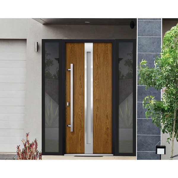 Vdomdoors Steel Door Deux 1744 Natural Oak 2 Sidelight Exterior Black Windows Stainless Inserts Single Modern DEUX1744EXD-OAKB-W14+36+14xH80-RH-O - main