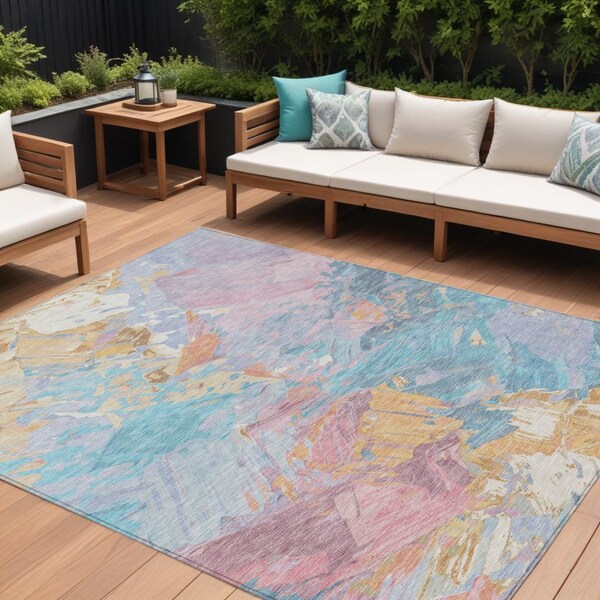 Homeroots 8' X 10' Teal Blue Gold And Pink Abstract Washable Indoor Outdoor Area Rug 618559 - main