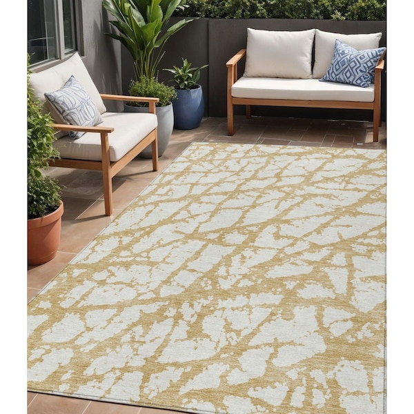 Homeroots 5' X 8' Gold And Ivory Abstract Washable Indoor Outdoor Area Rug 614348 - main