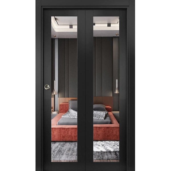 Sartodoors Sliding Closet Bi-fold Doors, Lucia 1299 Matte Black with Mirror, Sturdy Tracks Moldings Trims Har LUCIA1299BF-BLK-48 x 80 (2* 24x80) - main