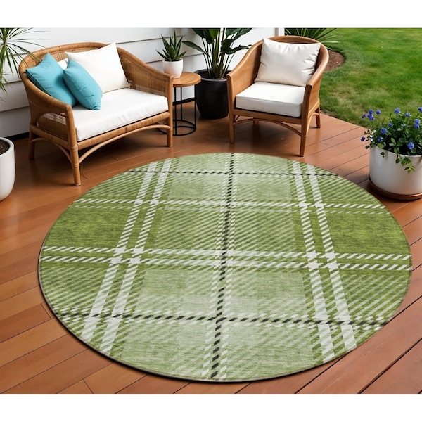 Homeroots 8' Green Black And Ivory Round Plaid Washable Indoor Outdoor Area Rug 596335 - main