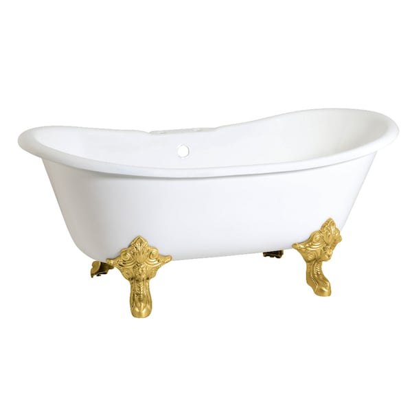 Kingston Brass 67" Cast Iron Oval Double Slipper Clawfoot Tub, 7" Faucet Drillings, White/Brushed Brass VCT7DS6731NL7 - main