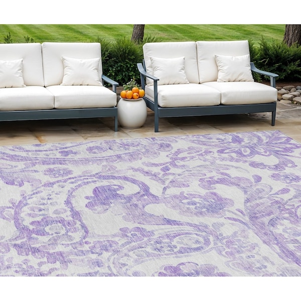 Homeroots 10' X 14' Lavender Ivory And Purple Paisley Washable Indoor Outdoor Area Rug 588653 - main