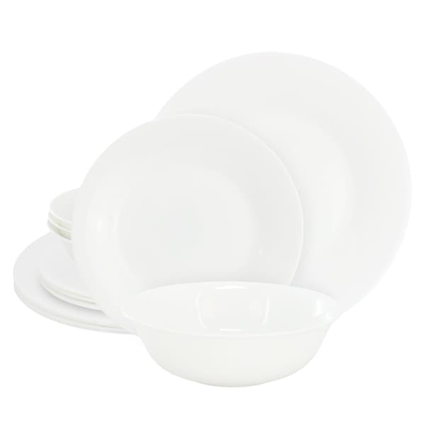 Gibson Ultra White Shadow 12 Piece Opal Glass Dinnerware Set in White 142753.12 - main