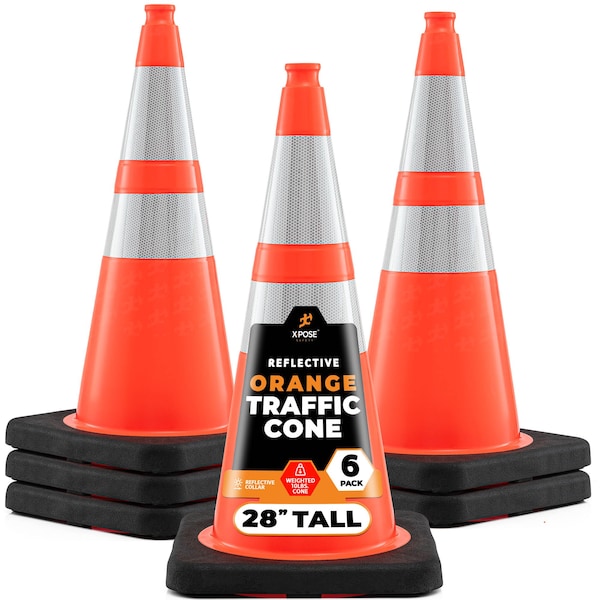 Xpose Safety 28 in Orange Traffic Cone, 10 lb Base with 6 in & 4 in Reflective Collar, PVC, DOT Approved, 6 PK OTC28-64-10L-6-X-S - main
