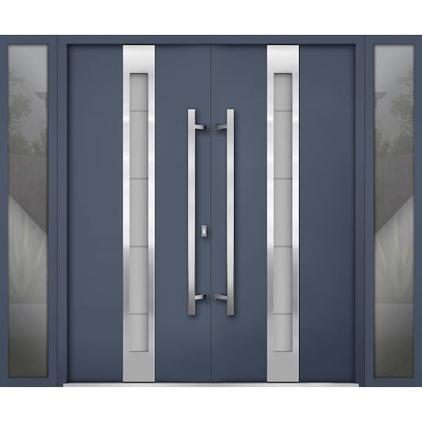 Vdomdoors Steel Double Doors Deux 1717 Gray Graphite 2 Sidelight Exterior Windows Stainless Inserts Single Mo DEUX1717DEXD-GRE-RH-W12+72+12 x H80 - main