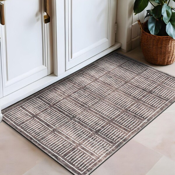 World Rug Gallery Bohemian Stripe Lines Washable Non Slip Area Rug 2 ft x 3 ft Brown WR68BROWN2X3 - main