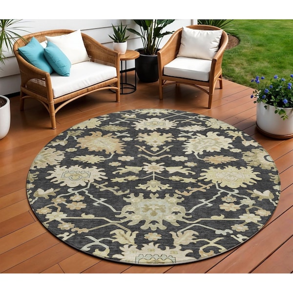 Homeroots 8' Black And Ivory Round Floral Washable Indoor Outdoor Area Rug 605189 - main
