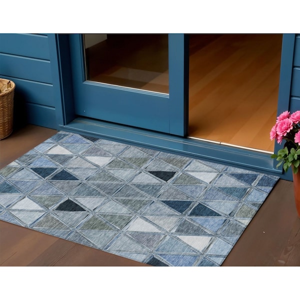 Homeroots 3' X 5' Denim Blue And Sky Blue Geometric Washable Indoor Outdoor Area Rug 583022 - main