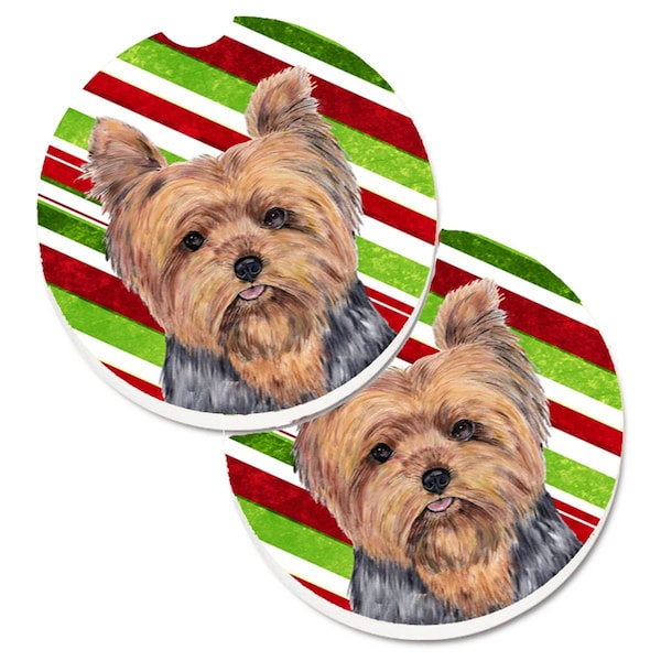 Carolines Treasures Yorkie Candy Cane Holiday Christmas Set of 2 Cup Holder Car Coaster SC9348CARC - main