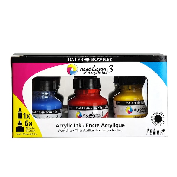 Daler-Rowney System3 Acrylic Ink Introduction Set with Empty Marker, Assorted Colors, 29.5ml, 6-Piece Set D161100007 - main