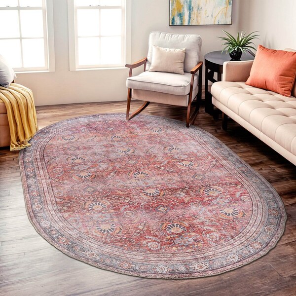 World Rug Gallery Vintage Inspired Machine Washable Non Slip Area Rug 5 ft x 7 ft Oval Red 6029RED5OV - main
