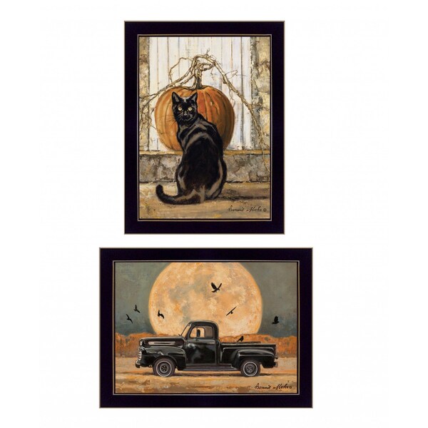 Homeroots Set Of Two Harvest Moon with A Black Cat and Truck 3 Black Framed Print Kitchen Wall Art, 2PK 407941 - main