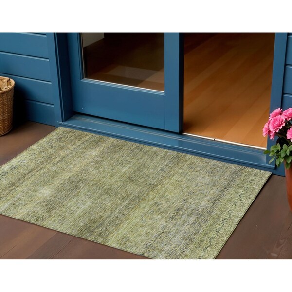 Homeroots 3' X 5' Artichoke Green Brown And Gray Striped Washable Indoor Outdoor Area Rug 605759 - main