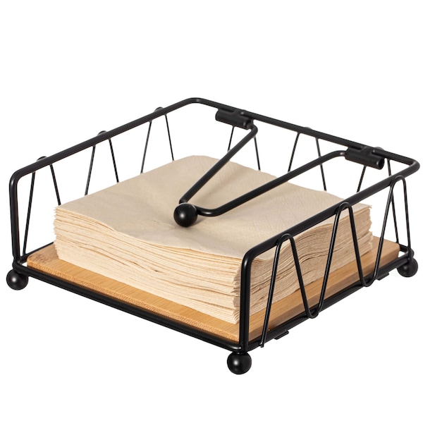 Basicwise Flat Metal Square Napkin Holder with Weighted Arm and a Wooden Tray Perfect for Adorning QI004650 - main