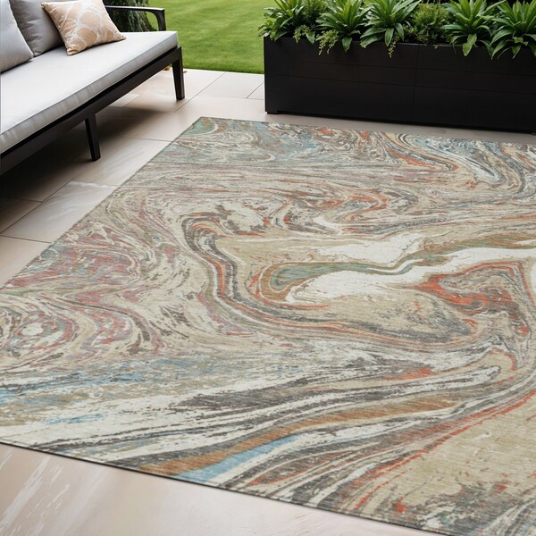 Homeroots 5' X 8' Beige Pink And Blue Abstract Washable Indoor Outdoor Area Rug 602612 - main