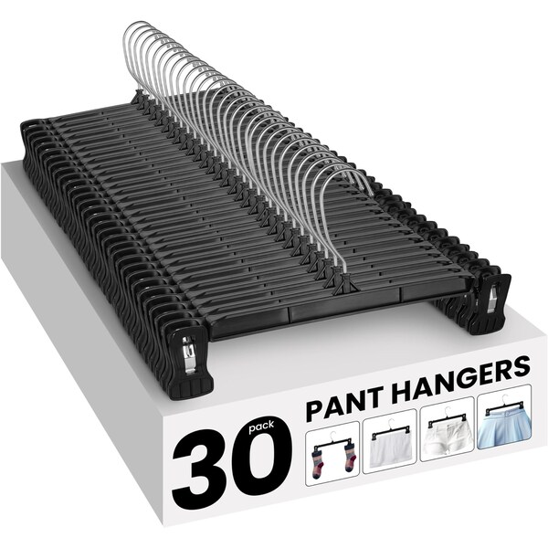 Simple Deluxe Pants Hangers, Heavy Duty Skirt Hangers with Non-Slip Clips, 360 Deg Swivel Hooks, Black, 30PK HKHANGPANT30BLK - main