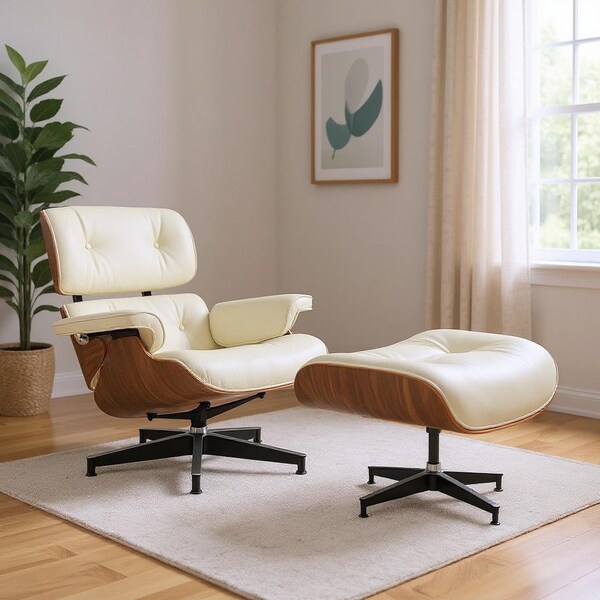 Homeroots 27" Off White and Light Brown Tufted Genuine Leather Swivel Lounge Chair With Ottoman 636225 - main